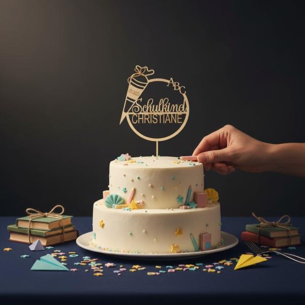 Holz‑Caketopper aus 3 mm Birkensperrholz mit Schriftzug „Endlich Schulkind“ und Schultüte